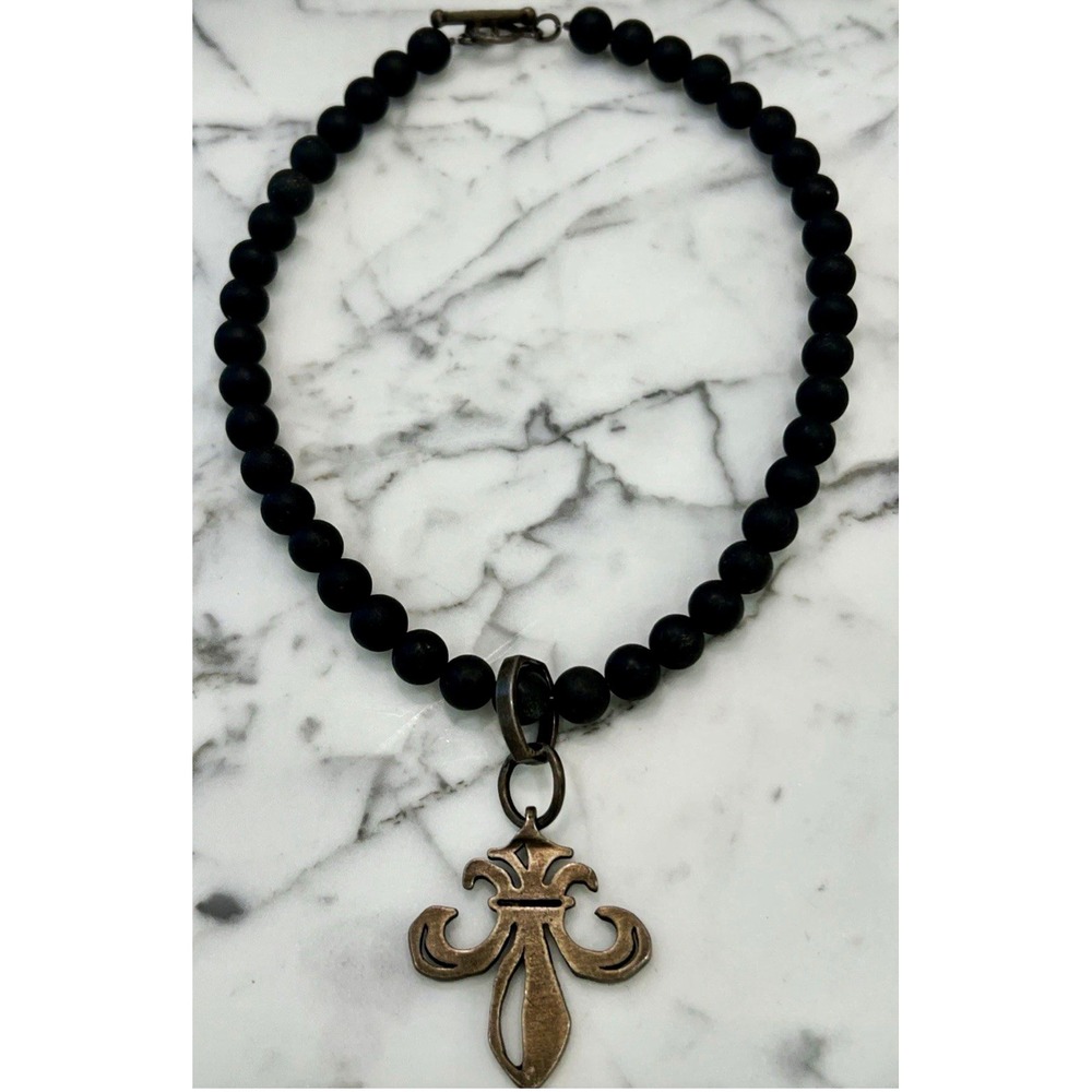 French Kande Black Beaded Necklace Fleur-de-Lis 16"Charm Pendant Toggle signed.